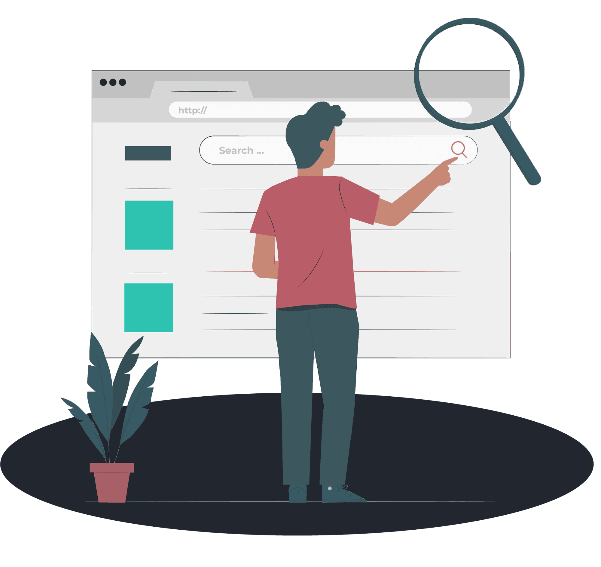 Ilustração de um homem de costas, interagindo com uma grande tela de busca na web. Ele está prestes a clicar em um ícone de lupa, que simboliza a função de pesquisa. Ao lado, há uma planta em um vaso, sugerindo um ambiente moderno e organizado. A imagem transmite a ideia de navegação e busca de informações na internet.