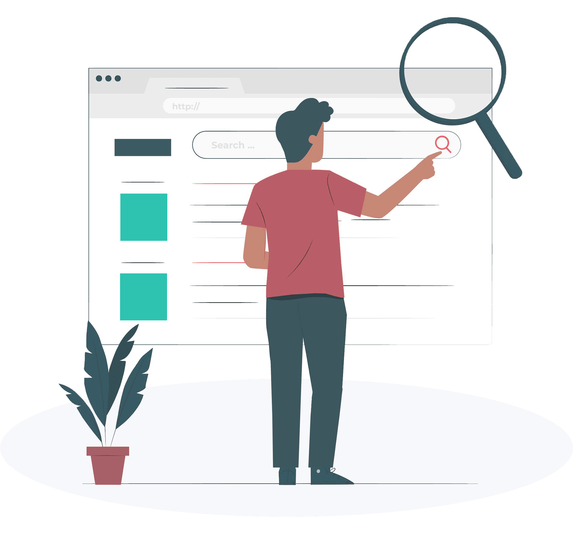 Ilustração de um homem de costas, interagindo com uma grande tela de busca na web. Ele está prestes a clicar em um ícone de lupa, que simboliza a função de pesquisa. Ao lado, há uma planta em um vaso, sugerindo um ambiente moderno e organizado. A imagem transmite a ideia de navegação e busca de informações na internet.